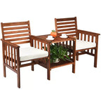 Costway Patio Loveseat Conversation Set Acacia Wood Chair Coffee Table Cushioned White\ Red