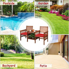 Costway Patio Loveseat Conversation Set Acacia Wood Chair Coffee Table Cushioned White\ Red