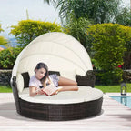 Lit de repos rond Outsunny, ensemble de canapé conversationnel ou de lit de soleil d'extérieur en rotin et osier rembourré de 4 pièces avec auvent