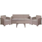 Merrick Lane 4 Piece Faux Rattan Patio Furniture Set with 2 Chairs and Sofa with Removable Beige Cushions and Table