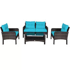 Costway Ensemble de Meubles de Patio en Rotin 4 Pièces Canapé Deux Places Table Basse avec Coussins Turquoises