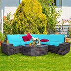 Costway 6PCS Rattan Furniture Set Conversation Cushioned Sofa Armrest Garden Turquoise\White