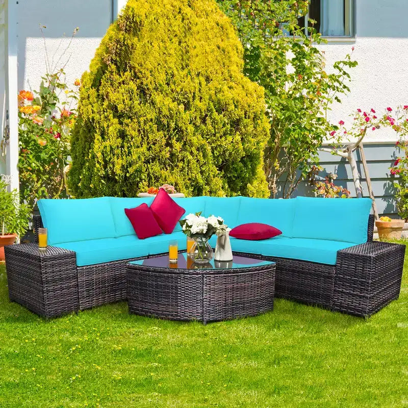 Costway 6PCS Rattan Furniture Set Conversation Cushioned Sofa Armrest Garden Turquoise\White