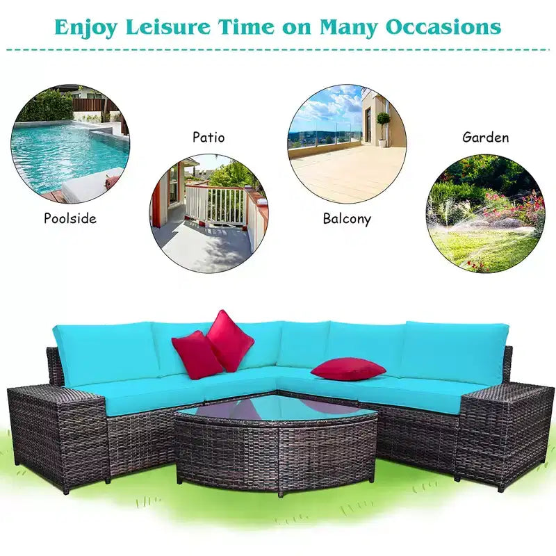 Costway 6PCS Rattan Furniture Set Conversation Cushioned Sofa Armrest Garden Turquoise\White