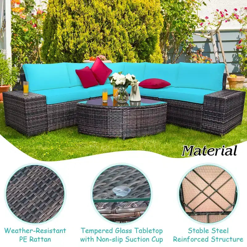 Costway 6PCS Rattan Furniture Set Conversation Cushioned Sofa Armrest Garden Turquoise\White