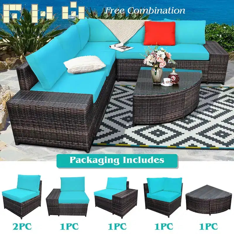 Costway 6PCS Rattan Furniture Set Conversation Cushioned Sofa Armrest Garden Turquoise\White
