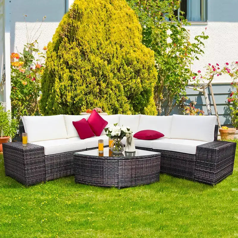 Costway 6PCS Rattan Furniture Set Conversation Cushioned Sofa Armrest Garden Turquoise\White