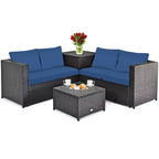 Costway Ensemble de Meubles de Patio 4 Pièces en Rotin Rembourrés Canapé Causeuse Table de Rangement Bleu Marine