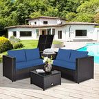 Costway Ensemble de Meubles de Patio 4 Pièces en Rotin Rembourrés Canapé Causeuse Table de Rangement Bleu Marine