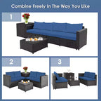 Costway Ensemble de Meubles de Patio 4 Pièces en Rotin Rembourrés Canapé Causeuse Table de Rangement Bleu Marine