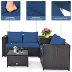 Costway Ensemble de Meubles de Patio 4 Pièces en Rotin Rembourrés Canapé Causeuse Table de Rangement Bleu Marine