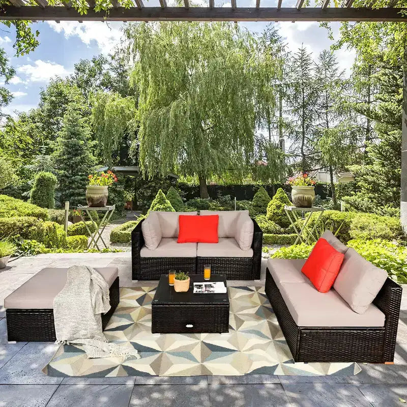 Costway 6PCS Outdoor Patio Rattan Furniture Set Sectional Sofa Ottoman Cushioned