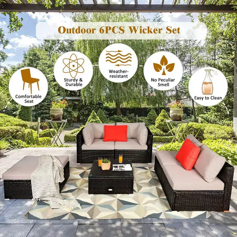 Costway 6PCS Outdoor Patio Rattan Furniture Set Sectional Sofa Ottoman Cushioned