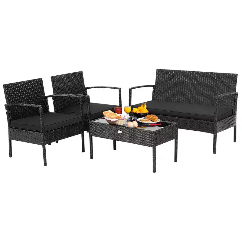 Costway 4 PCS Patio Rattan Furniture Set Cushioned Sofa Armrest Garden Black