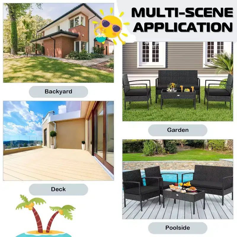 Costway 4 PCS Patio Rattan Furniture Set Cushioned Sofa Armrest Garden Black