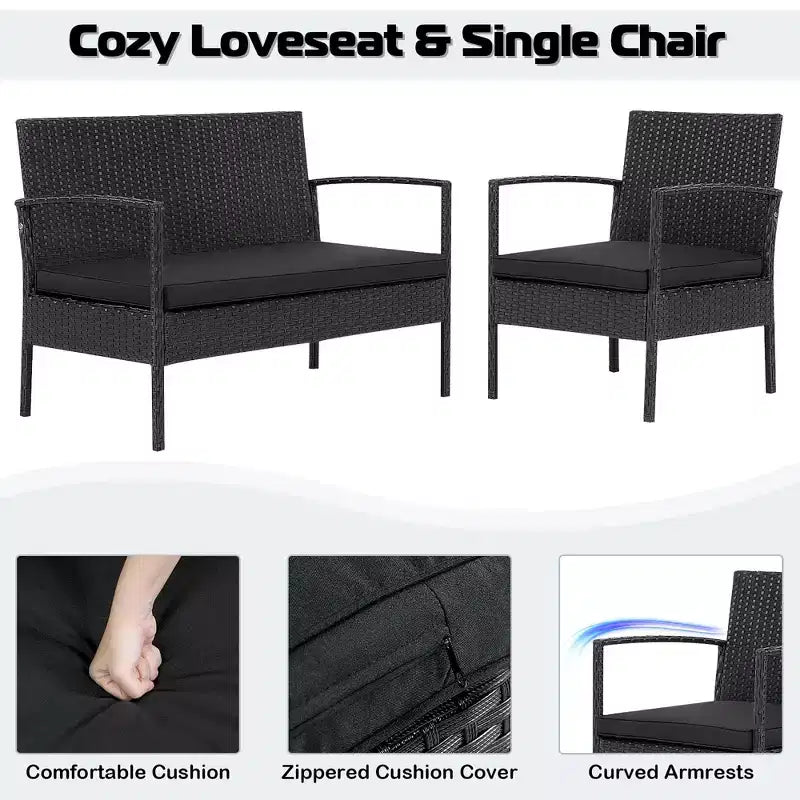 Costway 4 PCS Patio Rattan Furniture Set Cushioned Sofa Armrest Garden Black