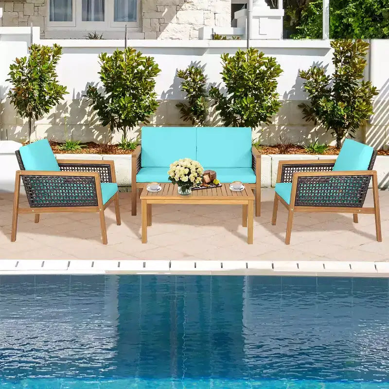 Costway 8PCS Patio Rattan Furniture Set Acacia Wood Cushioned Sofa Off