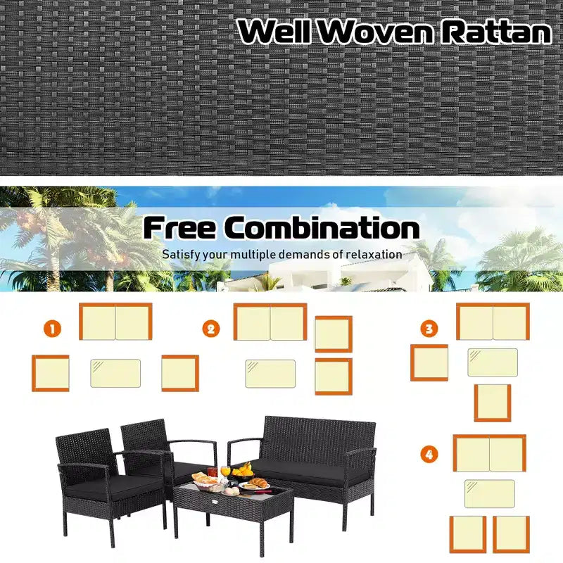 Costway 8 PCS Patio Rattan Furniture Set Cushioned Sofa Armrest Garden Black