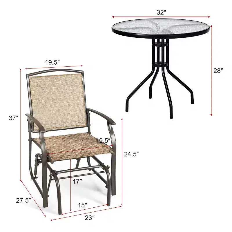 Costway Salon de Jardin 3 Pièces : 2 Chaises à Bascule et 1 Table Basse en Verre