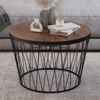 Round Coffee Table with Geometric Metal Base  Modern Accent Table for Living Room  Mid-Century Coffee Table by Lavish Home (Brown/Black)