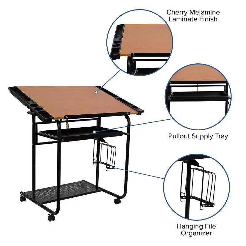 Emma and Oliver Adjustable Drawing and Drafting Table with Dual Wheel Casters
