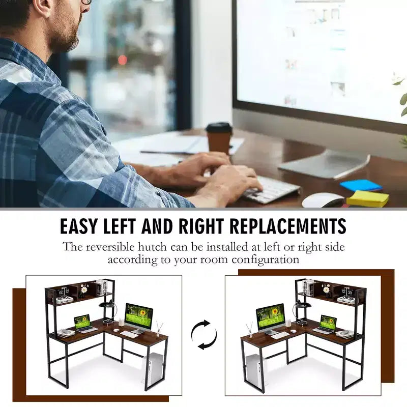Bureau d'ordinateur d'angle en forme de L de 55 pouces avec étagère de rangement Costway