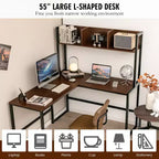 Bureau d'ordinateur d'angle en forme de L de 55 pouces avec étagère de rangement Costway