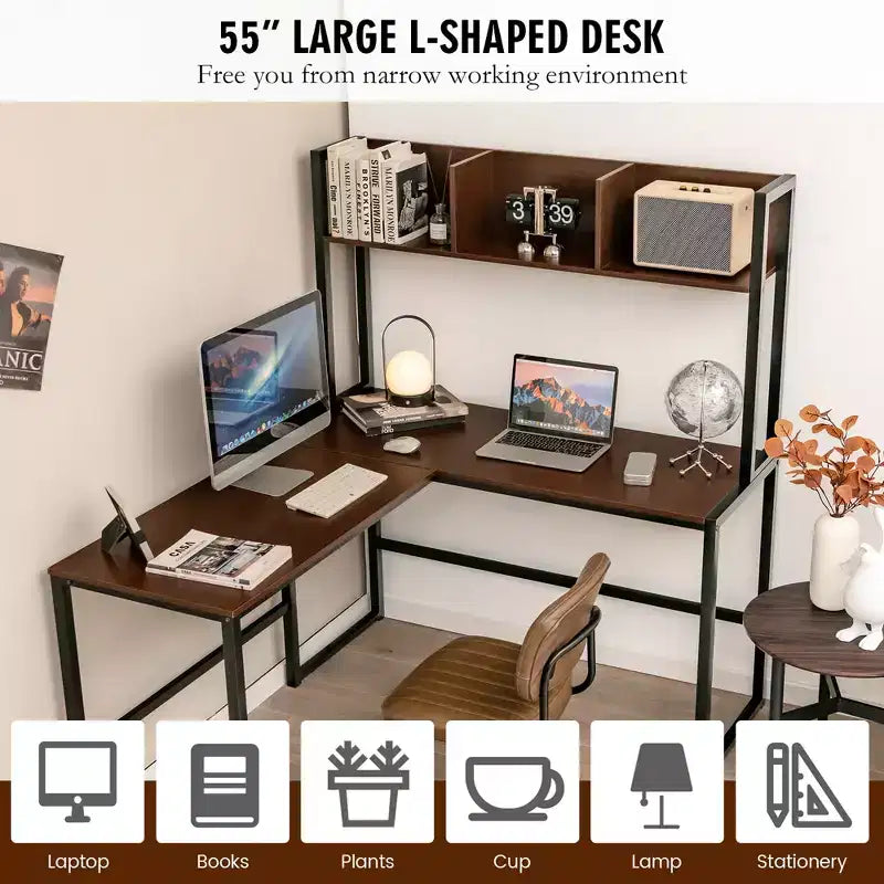 Bureau d'ordinateur d'angle en forme de L de 55 pouces avec étagère de rangement Costway