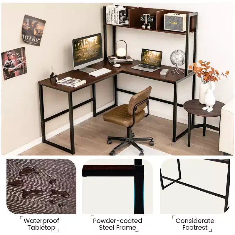 Bureau d'ordinateur d'angle en forme de L de 55 pouces avec étagère de rangement Costway