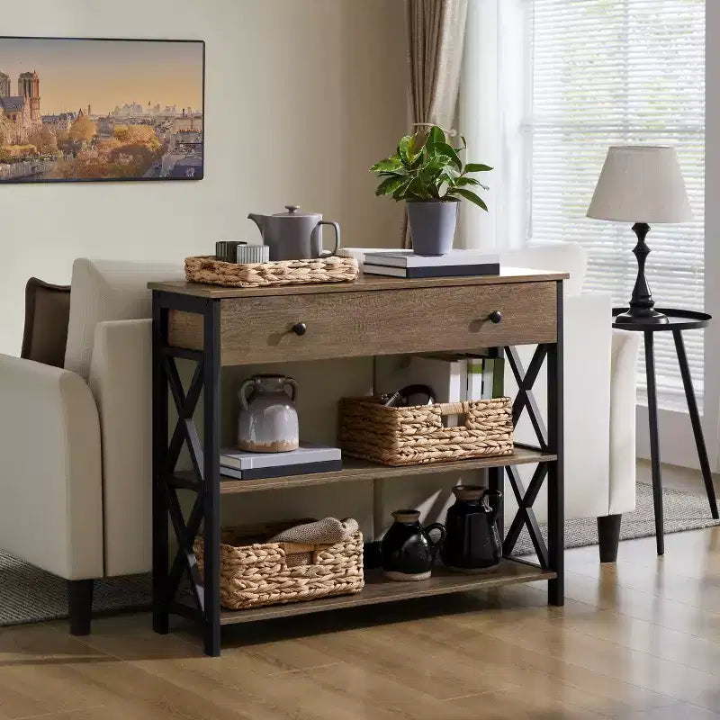 Yaheetech Vintage Wooden Console Table with 1 Drawer and 2 Open Shelves