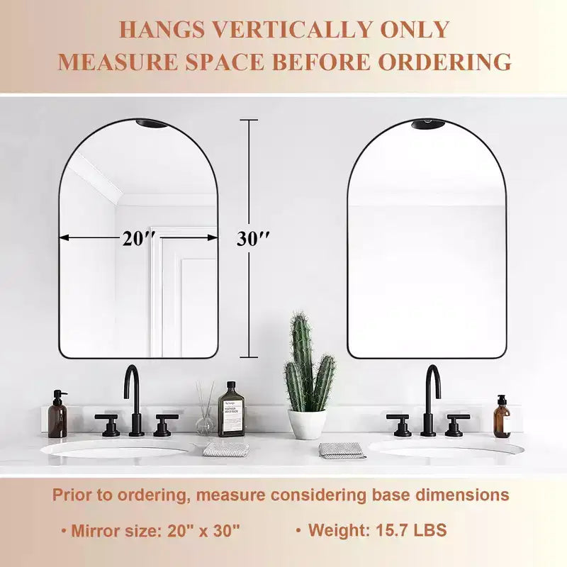 ANDY STAR Modern 20 x 30 Inch Arched Frame Wall Mounted Vanity Mirror w/ Steel Frame, No Distortion Floating Glass, & Pre Installed Hooks, Matte Black