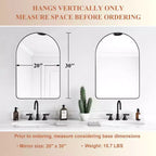 ANDY STAR Modern 20 x 30 Inch Arched Frame Wall Mounted Vanity Mirror w/ Steel Frame, No Distortion Floating Glass, & Pre Installed Hooks, Matte Black