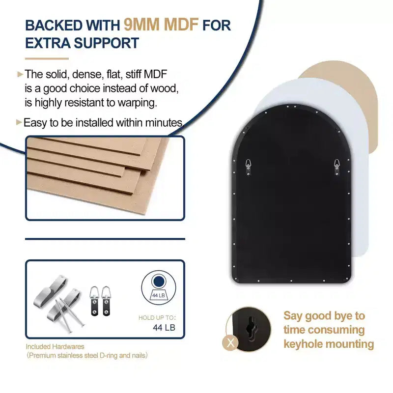 ANDY STAR Modern 20 x 30 Inch Arched Frame Wall Mounted Vanity Mirror w/ Steel Frame, No Distortion Floating Glass, & Pre Installed Hooks, Matte Black