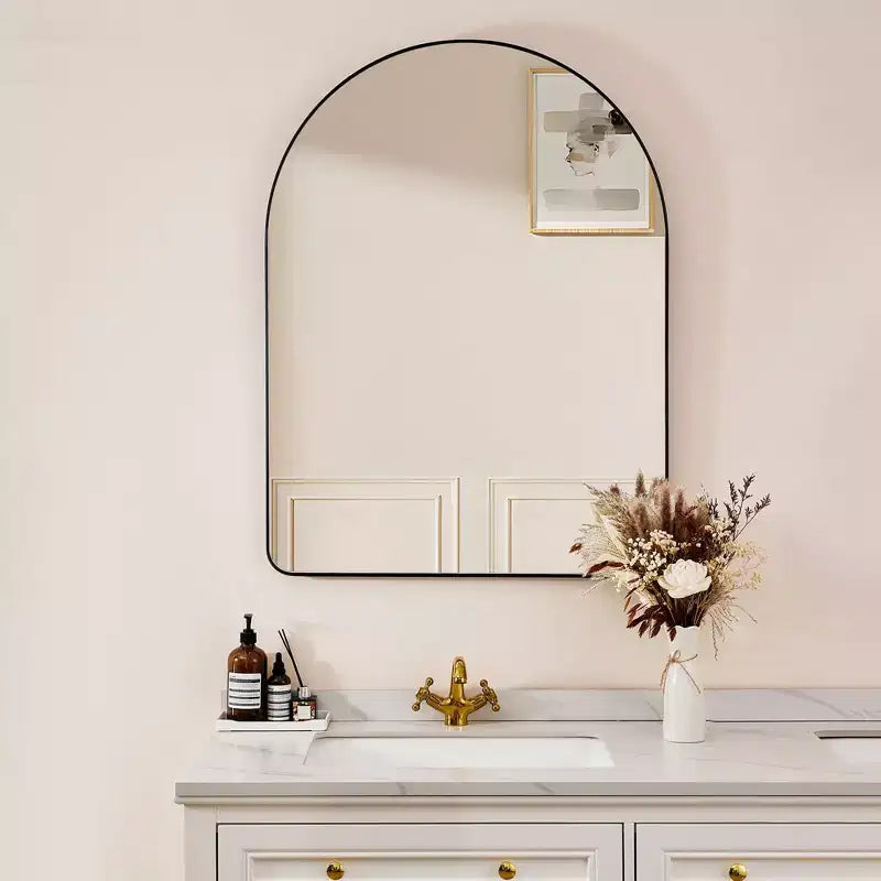 ANDY STAR Modern 20 x 30 Inch Arched Frame Wall Mounted Vanity Mirror w/ Steel Frame, No Distortion Floating Glass, & Pre Installed Hooks, Matte Black