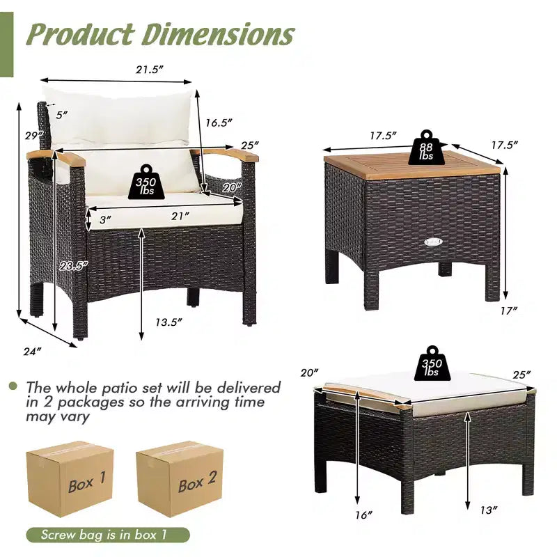 Ensemble de meubles de patio en rotin Costway 5 pièces, canapé, pouf, table rembourrée avec plateau en bois
