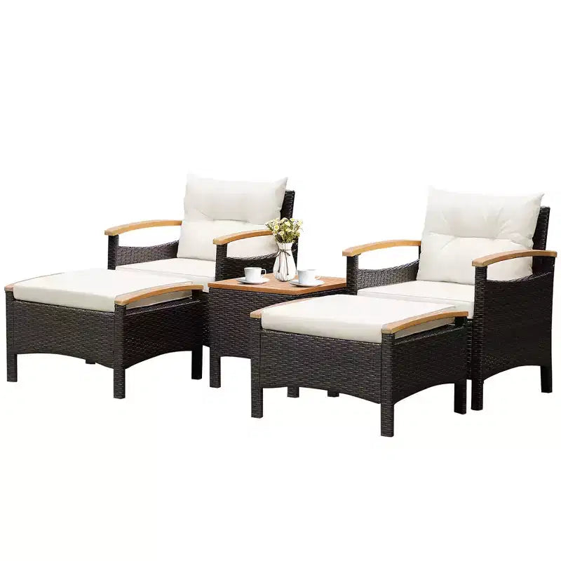 Ensemble de meubles de patio en rotin Costway 5 pièces, canapé, pouf, table rembourrée avec plateau en bois