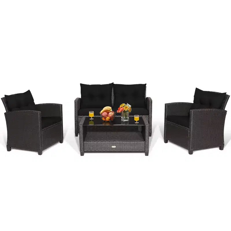 Costway Salon de Jardin 8 pièces en Rotin avec Table en Verre Étagère Canapé Coussins Noir/Rouge/Turquoise/Bleu Marine/Gris