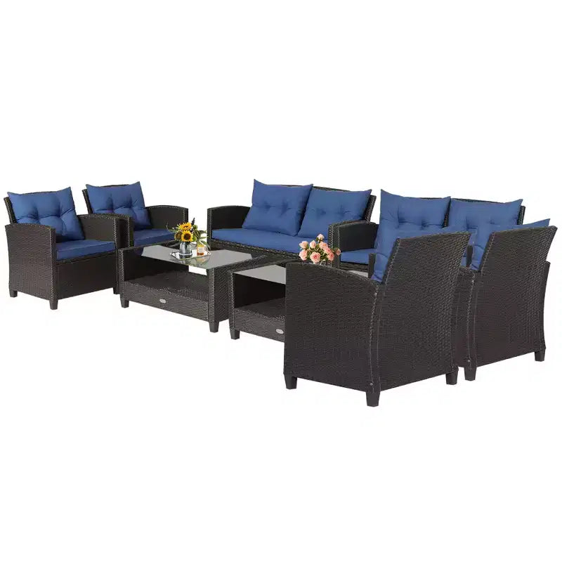 Costway Salon de Jardin 8 pièces en Rotin avec Table en Verre Étagère Canapé Coussins Noir/Rouge/Turquoise/Bleu Marine/Gris
