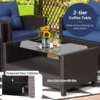 Costway Salon de Jardin 8 pièces en Rotin avec Table en Verre Étagère Canapé Coussins Noir/Rouge/Turquoise/Bleu Marine/Gris