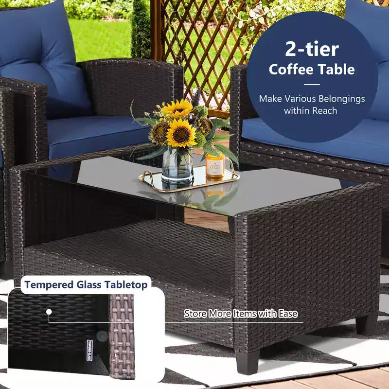 Costway Salon de Jardin 8 pièces en Rotin avec Table en Verre Étagère Canapé Coussins Noir/Rouge/Turquoise/Bleu Marine/Gris