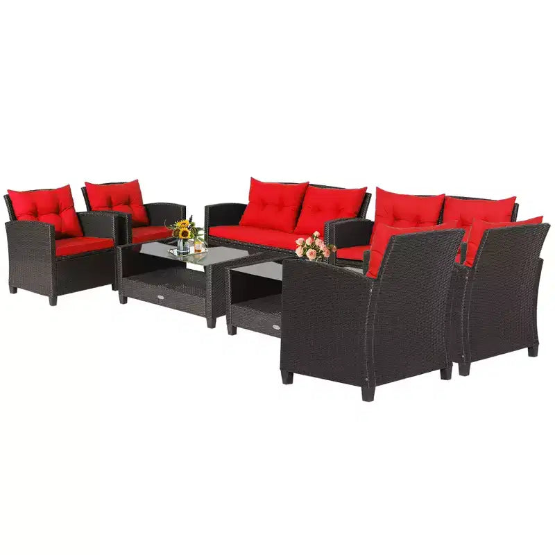 Costway Salon de Jardin 8 pièces en Rotin avec Table en Verre Étagère Canapé Coussins Noir/Rouge/Turquoise/Bleu Marine/Gris