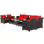 Costway Salon de Jardin 8 pièces en Rotin avec Table en Verre Étagère Canapé Coussins Noir/Rouge/Turquoise/Bleu Marine/Gris