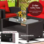 Costway Salon de Jardin 8 pièces en Rotin avec Table en Verre Étagère Canapé Coussins Noir/Rouge/Turquoise/Bleu Marine/Gris