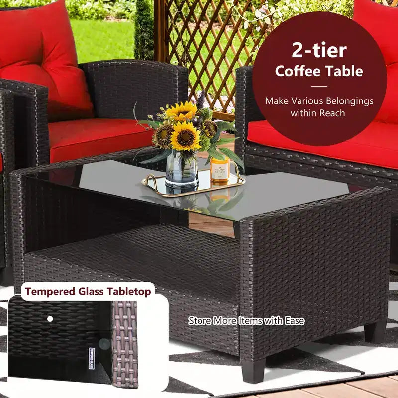 Costway Salon de Jardin 8 pièces en Rotin avec Table en Verre Étagère Canapé Coussins Noir/Rouge/Turquoise/Bleu Marine/Gris