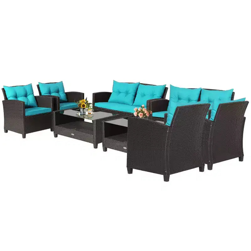 Costway Salon de Jardin 8 pièces en Rotin avec Table en Verre Étagère Canapé Coussins Noir/Rouge/Turquoise/Bleu Marine/Gris