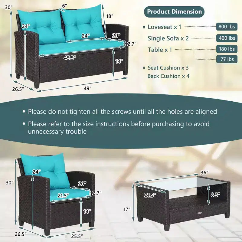Costway Salon de Jardin 8 pièces en Rotin avec Table en Verre Étagère Canapé Coussins Noir/Rouge/Turquoise/Bleu Marine/Gris