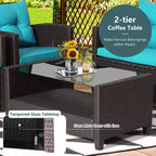 Costway Salon de Jardin 8 pièces en Rotin avec Table en Verre Étagère Canapé Coussins Noir/Rouge/Turquoise/Bleu Marine/Gris