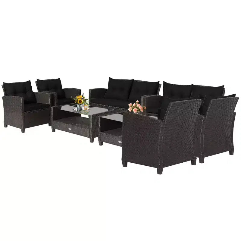 Costway Salon de Jardin 8 pièces en Rotin avec Table en Verre Étagère Canapé Coussins Noir/Rouge/Turquoise/Bleu Marine/Gris