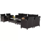 Costway Salon de Jardin 8 pièces en Rotin avec Table en Verre Étagère Canapé Coussins Noir/Rouge/Turquoise/Bleu Marine/Gris