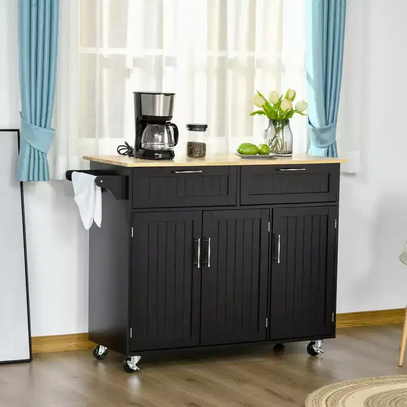 HOMCOM Chariot îlot de cuisine moderne sur roulettes avec tiroirs de rangement, chariot utilitaire roulant avec étagères réglables, armoires et porte-serviettes, noir